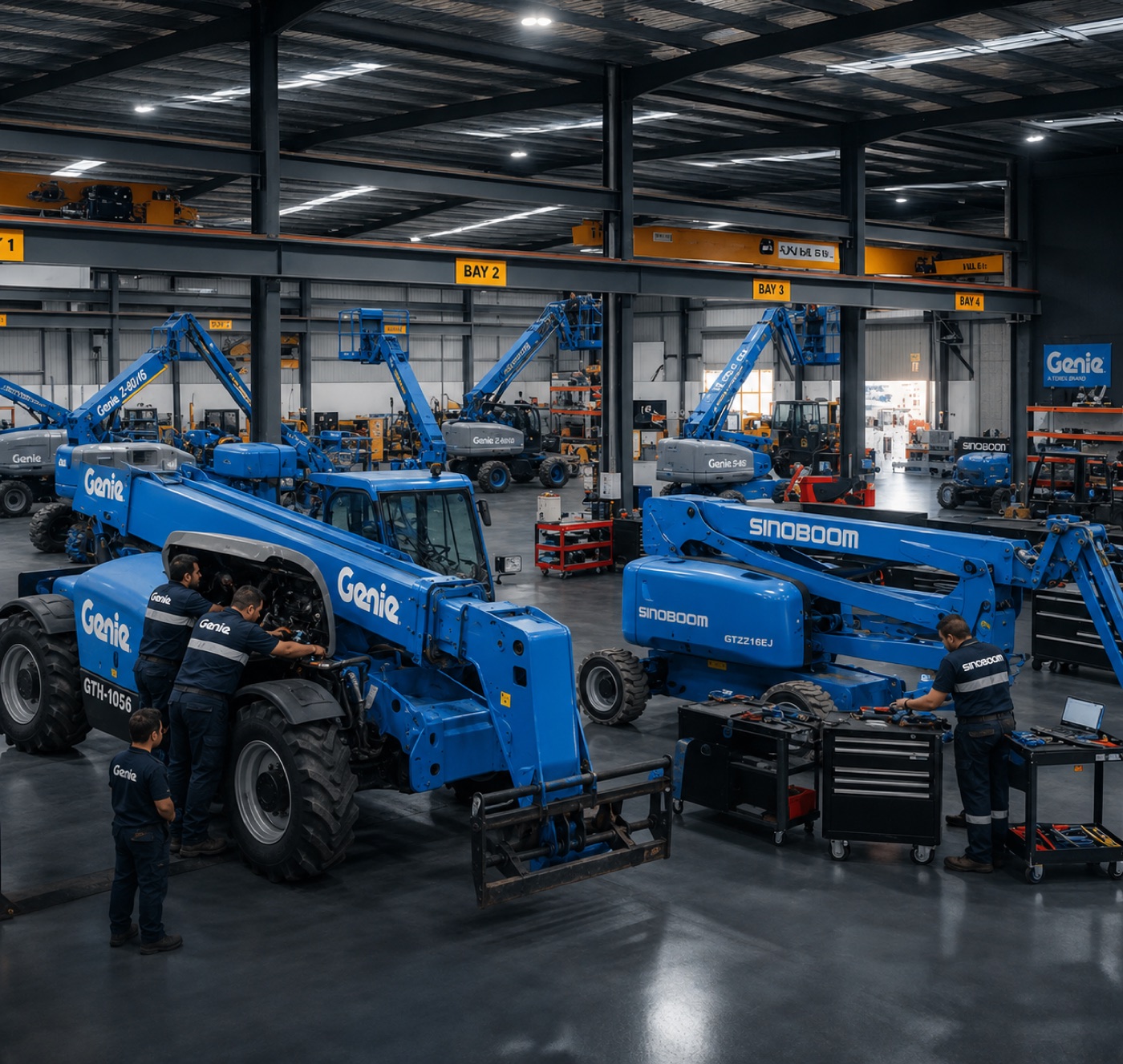 Technicians servicing Genie telehandlers in the Equipment Sales Australia workshop
